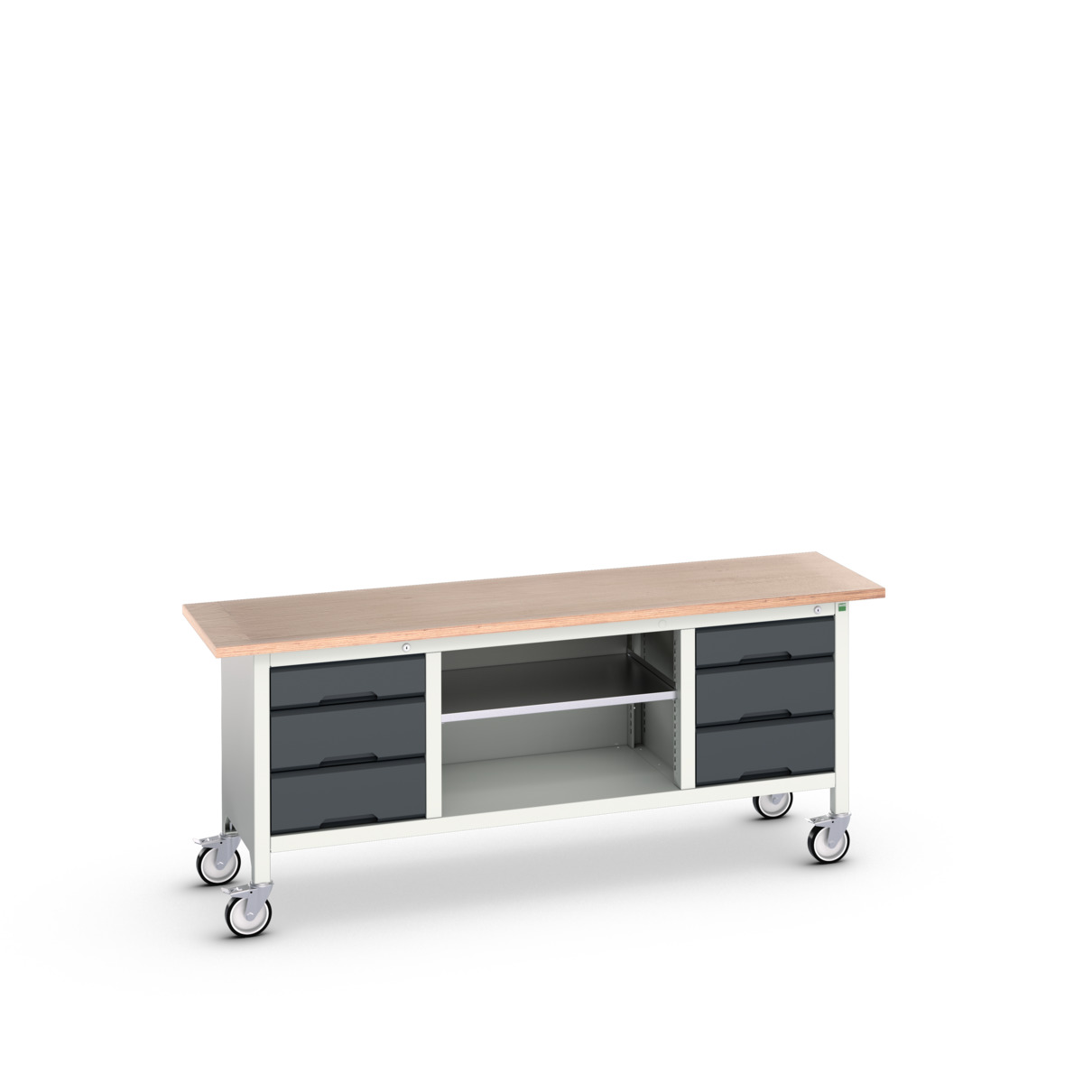 Établi monobloc roulant Verso MPX - 6 tiroirs, tablette réglable, plateau bois multiplis 2000x600x830 mm_0
