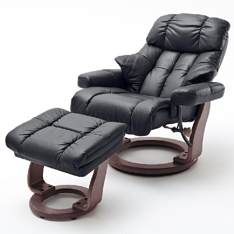 Fauteuil relax CLAIRAC XL - assise en cuir noir, pied en bois couleur noyer, avec repose-pied - inclinable à 135° et pivotant 360°_1