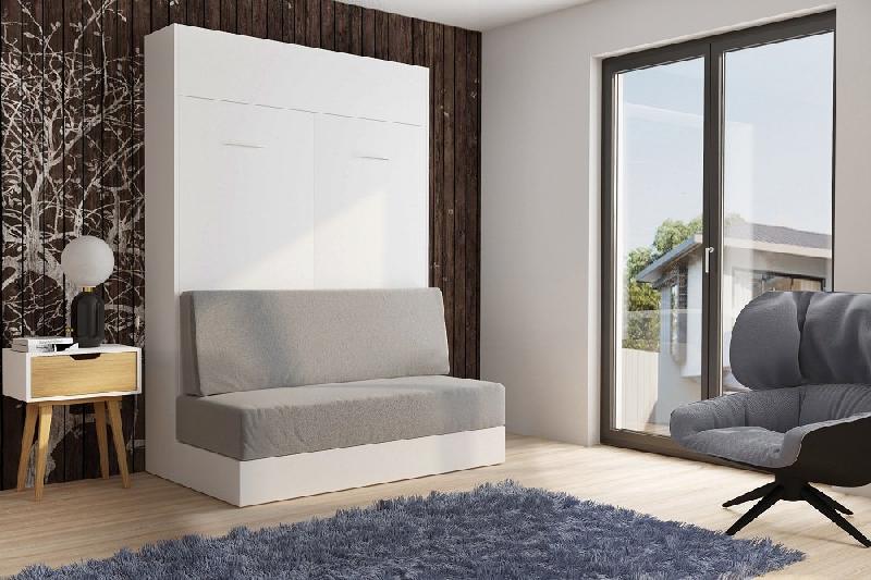Armoire lit escamotable Dynamo Sofa - Canapé intégré blanc mat et microfibre gris - Couchage 140 x 200 cm_1