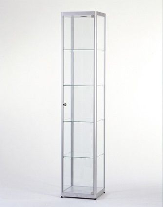 Vitrine colonne argent - L 40 cm - Porte battante sécurisée - Éclairage LED - Verre trempé et aluminium anodisé_0