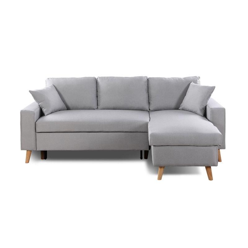 Canapé d'angle réversible convertible ARKO - tissu gris clair avec coffre de rangement et coussins d'appoint_1