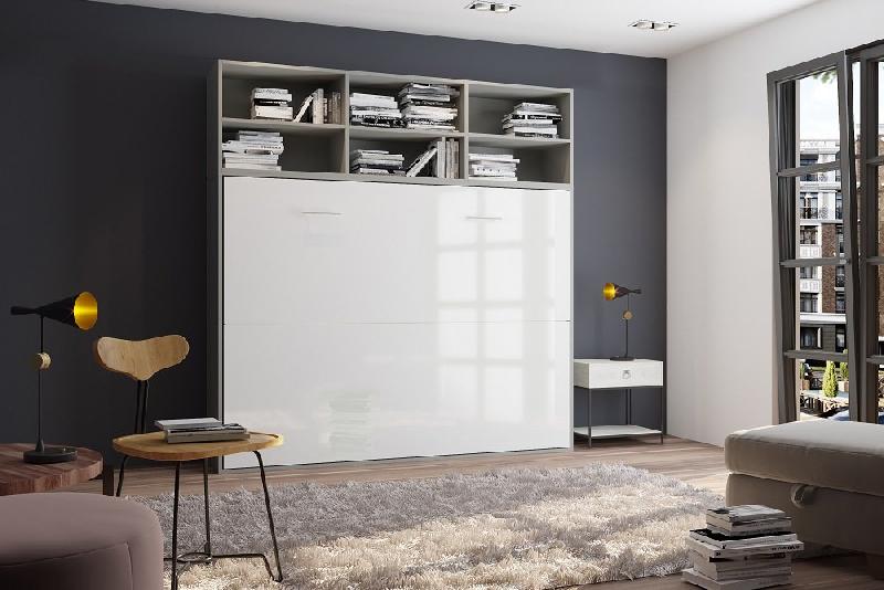 Lit escamotable STRADA-V2 - Structure gris mat, façade blanc brillant avec surmeuble - Couchage 140x200 cm_1