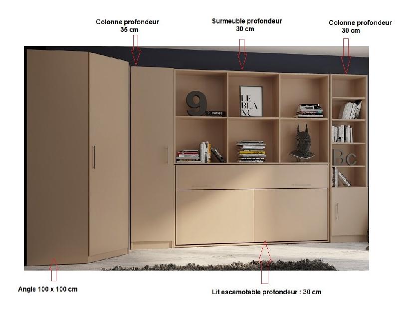 Composition angle lit escamotable VERTIGO taupe mat - Couchage 90x200 cm - Dimensions 411x100 cm_1