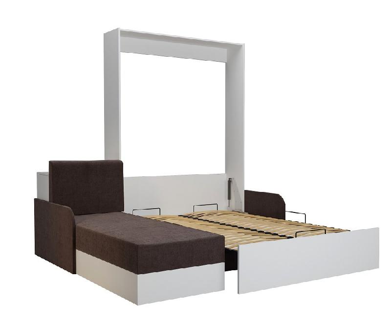 Lit escamotable DYNAMO SOFA - canapé angle méridienne réversible blanc avec accoudoirs tissu marron 140x200 cm_1