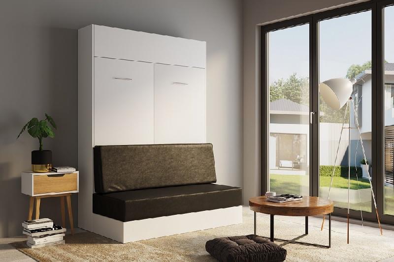 Armoire lit escamotable Dynamo Sofa - Blanc mat avec canapé en polyuréthane noir - Couchage 140x200 cm_1
