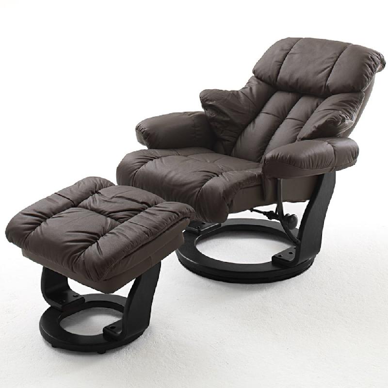 Fauteuil relax CLAIRAC - assise en cuir marron, pied en bois noir, inclinable 135° avec repose-pied_1