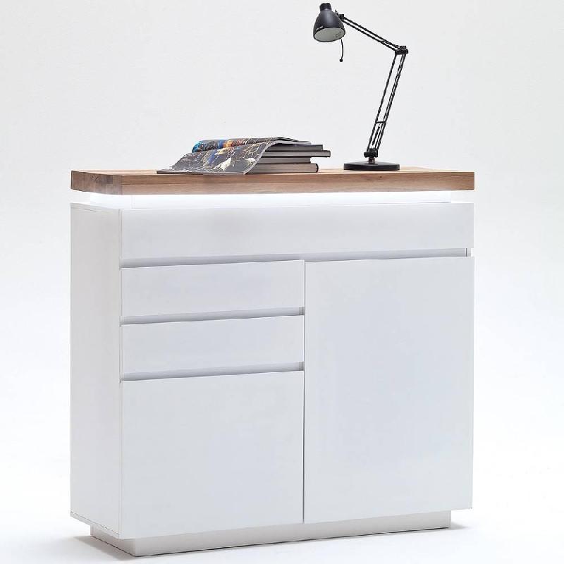 Buffet haut Romina - 2 portes, 3 tiroirs, laqué blanc mat, plateau chêne noueux huilé, avec LED intégrées_1