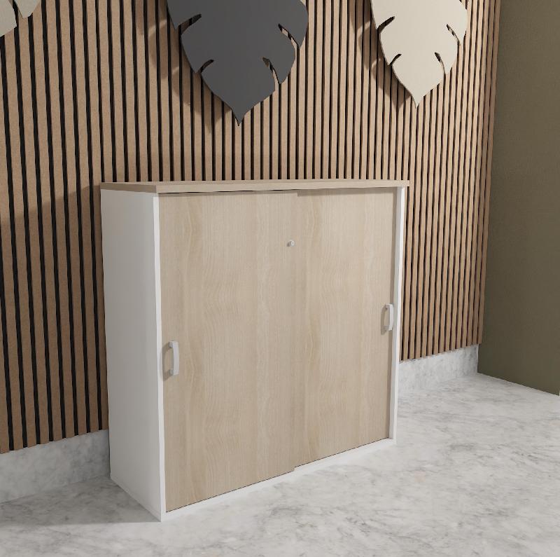 Armoire mi-haute à portes coulissantes - Mobel Linea - 100, Blanc pastel, Acacia clair_2
