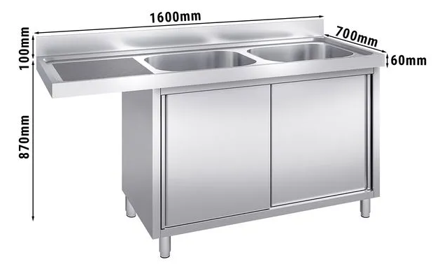 Plonge avec passage lave-vaisselle 160 x 70cm et placard - 2 cuves à droite l40 x p50 x h25 cm_1