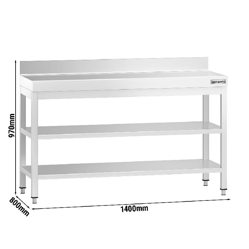 Table Inox de travail Premium avec Dosseret et 2 Étagères - Profondeur 800 mm - 1400_1
