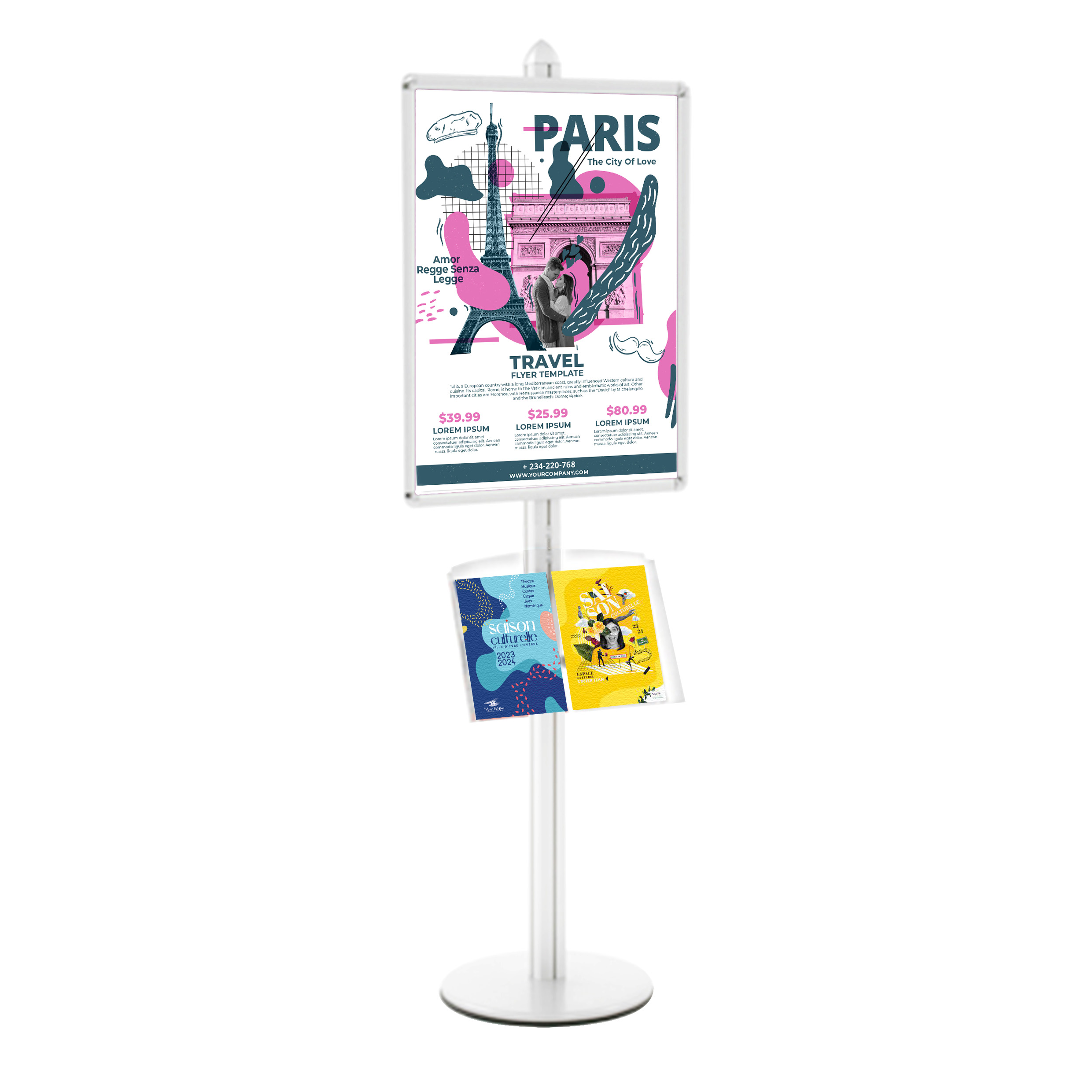 Présentoir Visual-Displays® gris - 1 cadre 60x80 cm et 1 étagère inclinée Plexiglass - Réf : 214601_0