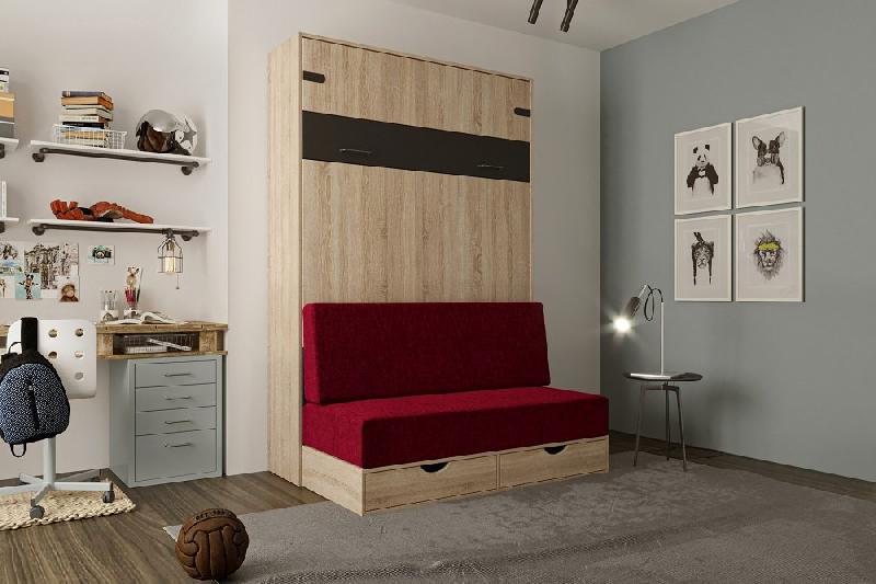 Lit escamotable style industriel KEY SOFA - Chêne, bandeau noir, canapé rouge - Couchage 140x200 cm avec tiroirs de rangement_1