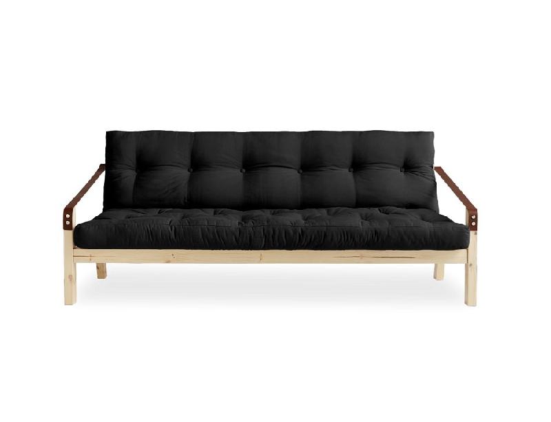 Banquette futon Poetry en pin massif gris foncé - couchage 130 x 190 cm - accoudoirs en cuir_1
