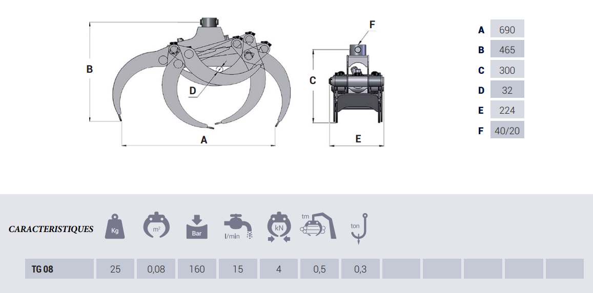 Grappin forestier TG08 - ouverture 69 cm - poids 25 kg - pour grues jusqu'à 0,5 tonne-mètre_1
