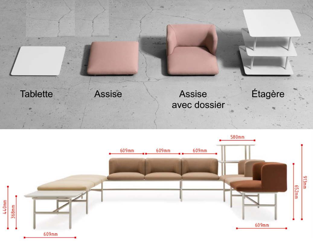 Ahora - Système flexible pour accueil et espaces d'attente avec coussins, tablettes et étagères_1