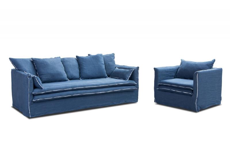 CARTAGENE - Canapé fixe 2 places en lin bleu déhoussable - 178 cm - Design épuré et haut de gamme_1