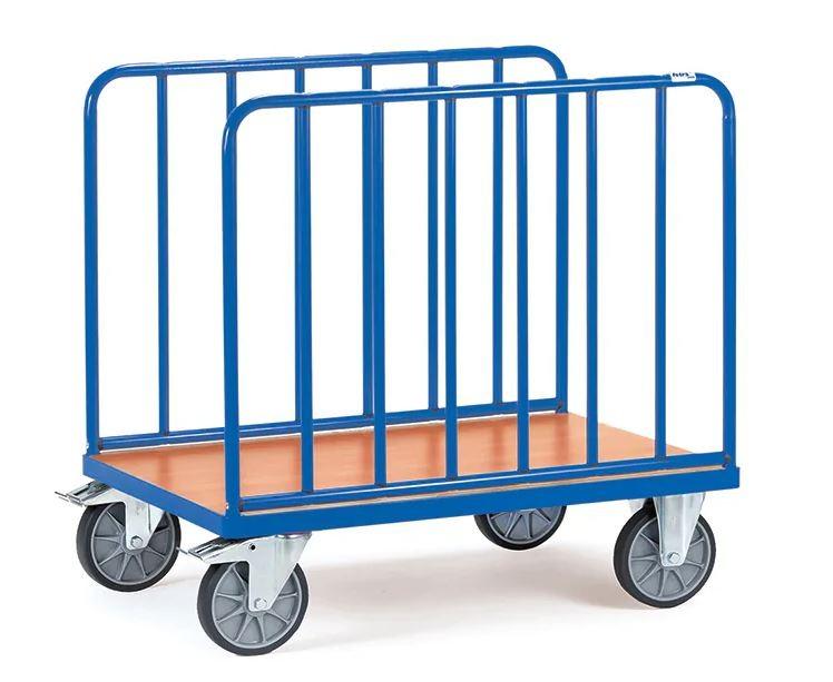 Chariot à ridelles latérales - Charge maxi 600kg - Revêtement époxy bleu - Plateau effet hêtre_1