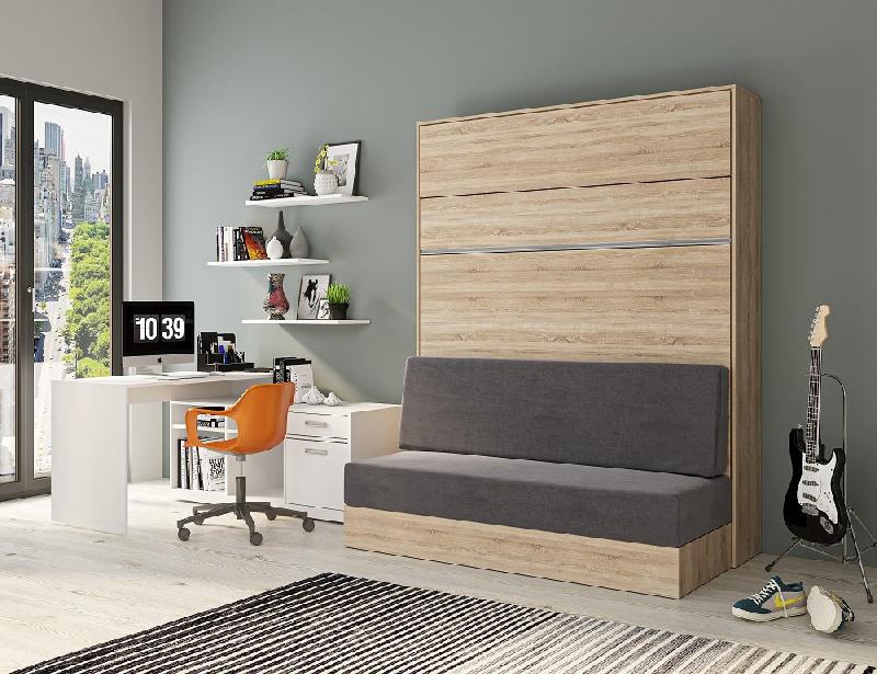 Armoire lit escamotable Genius Sofa - Chêne et canapé gris - Couchage 160x200 avec sommier à lattes_1