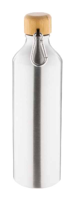 Bouteille en aluminium - 800 ml - couvercle en bambou avec mousqueton - couleur argenté_1