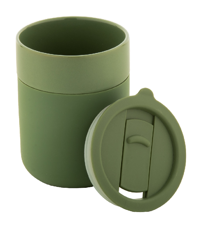 Mug de voyage - céramique avec silicone - couvercle en plastique PP - 300 ml - couleur verte_1