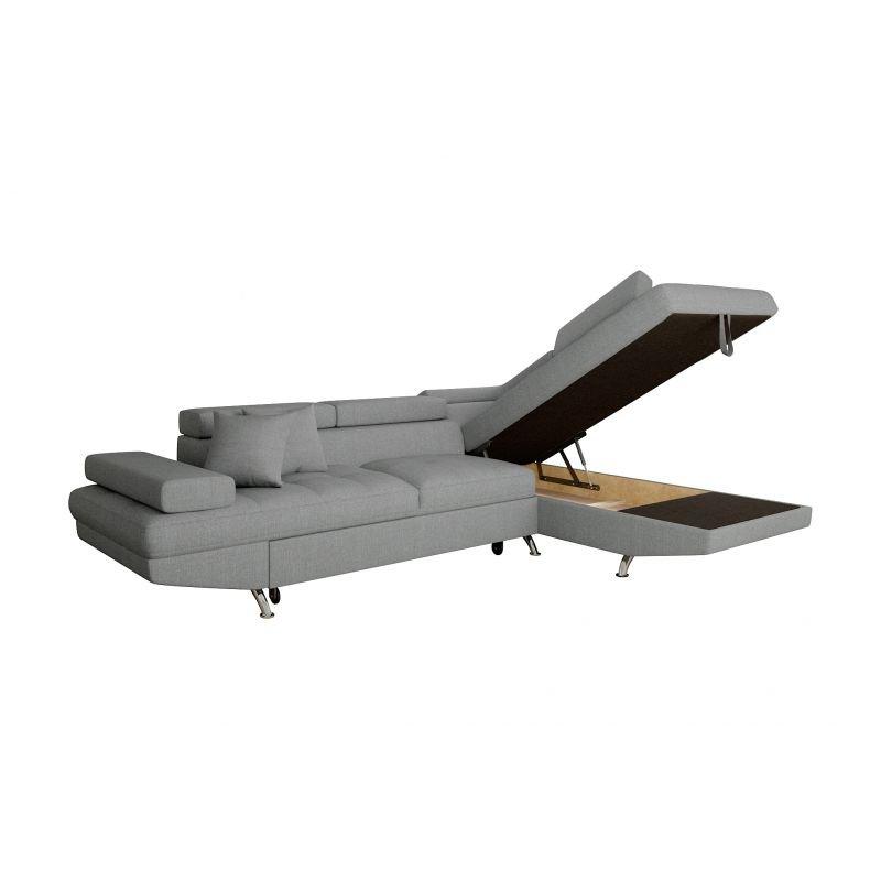 Canapé d'angle droit convertible RINO gris clair avec coffre et têtières réglables_1