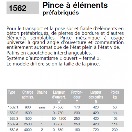 Pinces pour éléments préfabriqués gba eichinger de 0.9 à 4 tonnes.  Référence 1562.1_1
