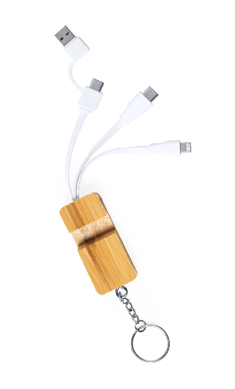 Câble chargeur USB - Porte-clés en bambou avec support téléphone - Connexions USB, USB-C et Lightning_1