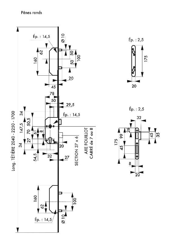 Serrure multipoint à encastrer 5 points - 2x2 pênes ronds en saillie de 3 mm - Têtière 1700 x 18 mm - Thirard_1