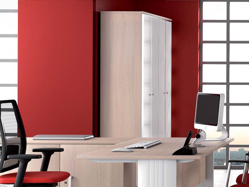 Armoire haute de direction - Portes en verre - L100 x H197 cm - Bois mélaminé et verre - Finitions chêne moyen, wengé et blanc_1