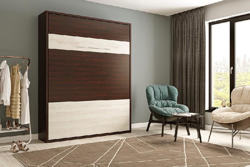 Armoire lit escamotable Mykonos Wengué / Pin - Couchage 160x200 cm - Ouverture assistée et design bi-ton_1