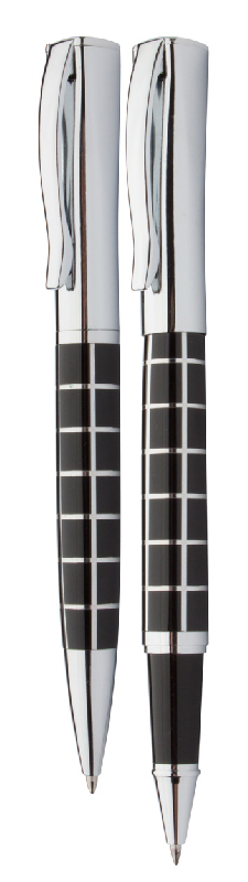 Parure stylo à bille en métal - parties chromées brillantes - avec boîte cadeau en PU - encre bleue - marque André Philippe_1