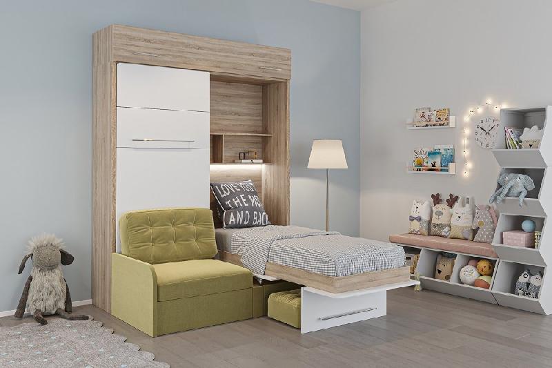 DUO SOFA - Armoire lit escamotable avec canapé moutarde - 2 lits indépendants 90x200 - Structure chêne, façade blanche_1