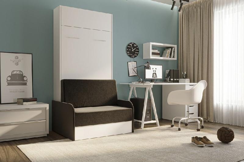 Armoire lit escamotable Dynamo Sofa - Blanc avec canapé tissu anthracite et accoudoirs - Couchage 90x200 cm_1