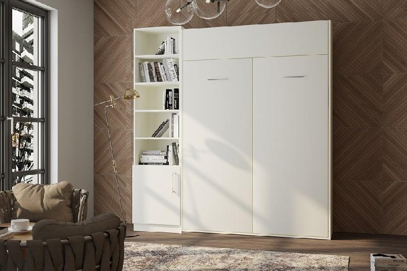 Composition armoire lit escamotable DYNAMO blanc mat - Couchage 140x200 cm avec colonne bibliothèque intégrée_1