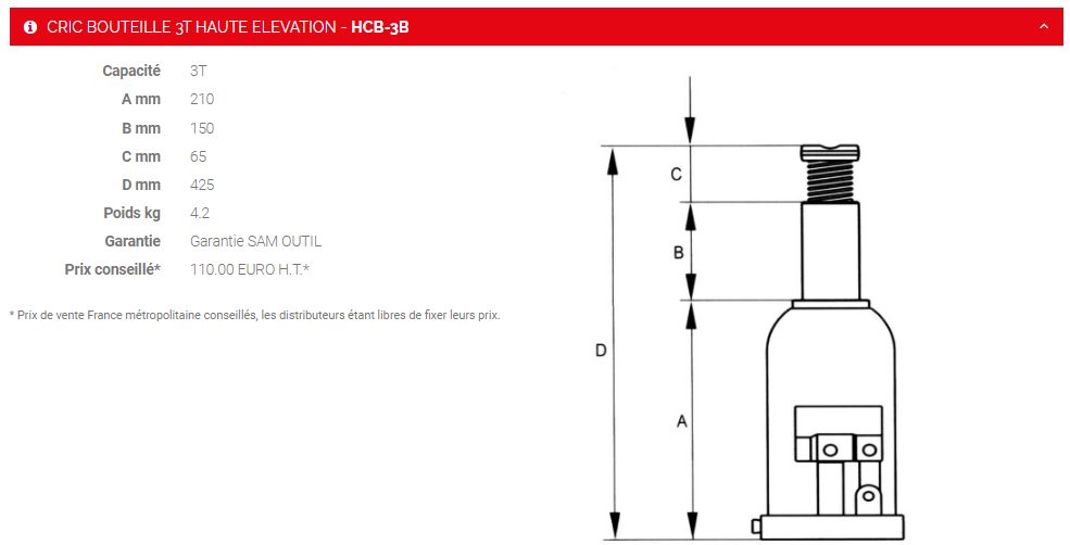 Cric bouteille HBC-3B - Sam Outillage - Capacité 3T avec soupape de sécurité et limiteur hydraulique_1