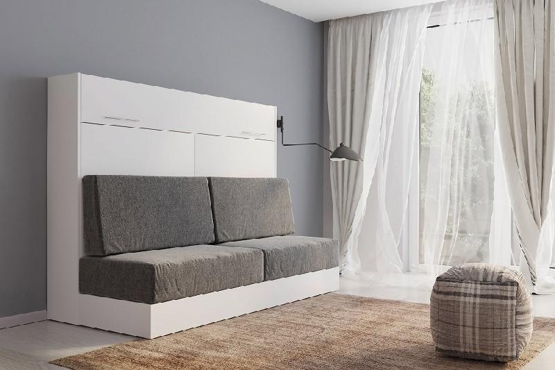 Armoire-lit escamotable VERTIGO SOFA - Blanc, canapé gris 4 coussins - Couchage 160x200 cm_1