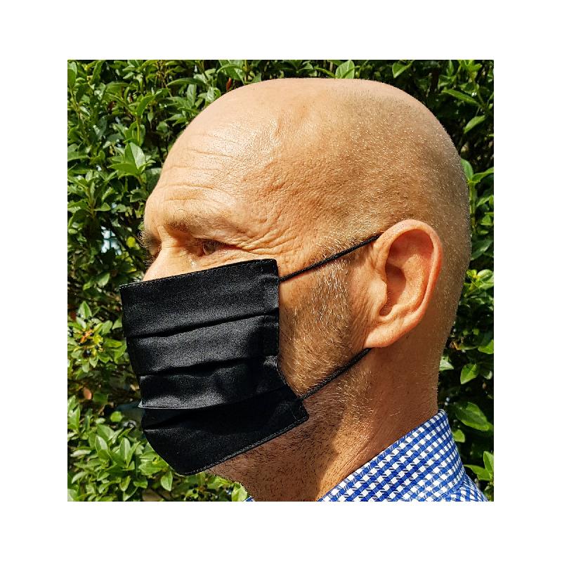 Masque lavable en satin de soie uni doublé coton - noir - Made in France - 9x18 cm_1
