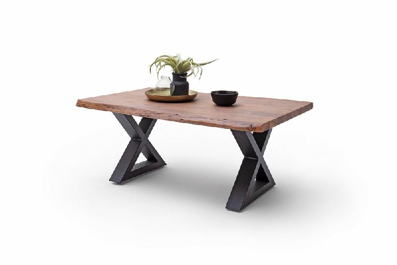 Table basse Claren - plateau 110 cm en acacia teinte noyer - piétement en X laqué anthracite_1