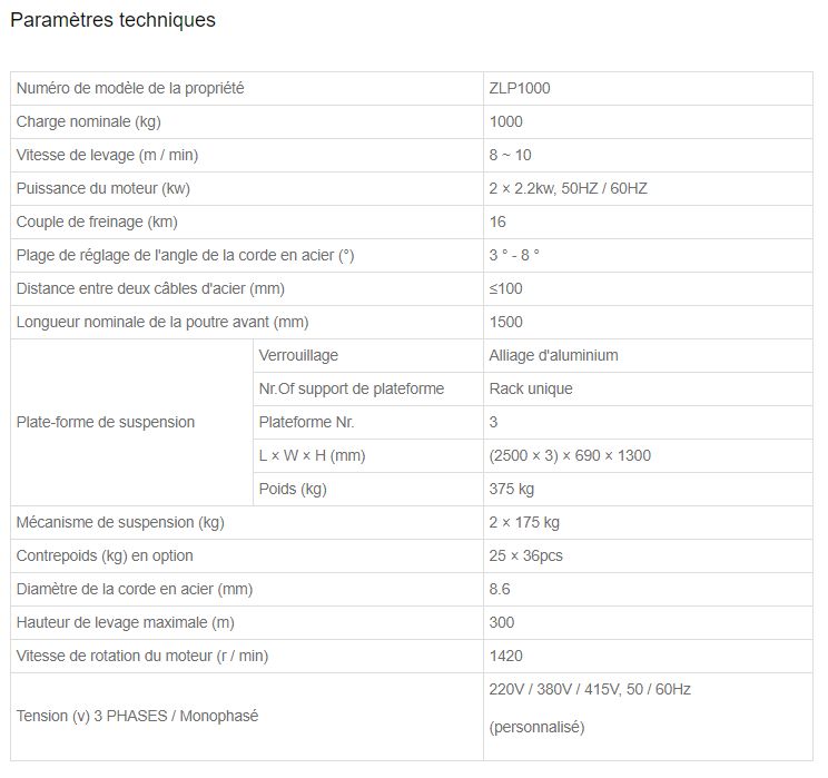 ZLP1000 - Nacelle suspendue SUCCESS - Charge nominale 1000kg - Aluminium certifié CE - Puissance 2.2 kW_1