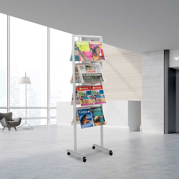 Présentoir brochures double-faces Design Metallic® - Mobile sur roulettes, 16 visuels A4 - Réf : 215302_1
