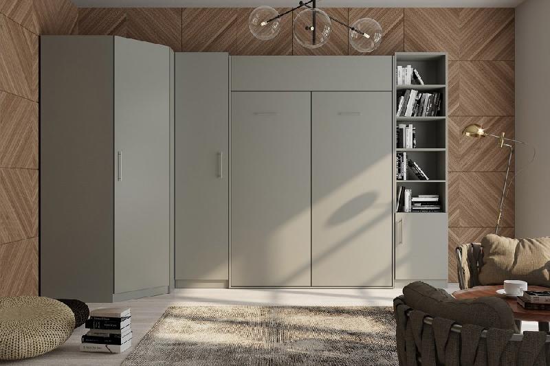 Composition lit escamotable Dynamo gris mat 140 x 200 cm - 2 colonnes rangements + angle - système ouverture assistée_1