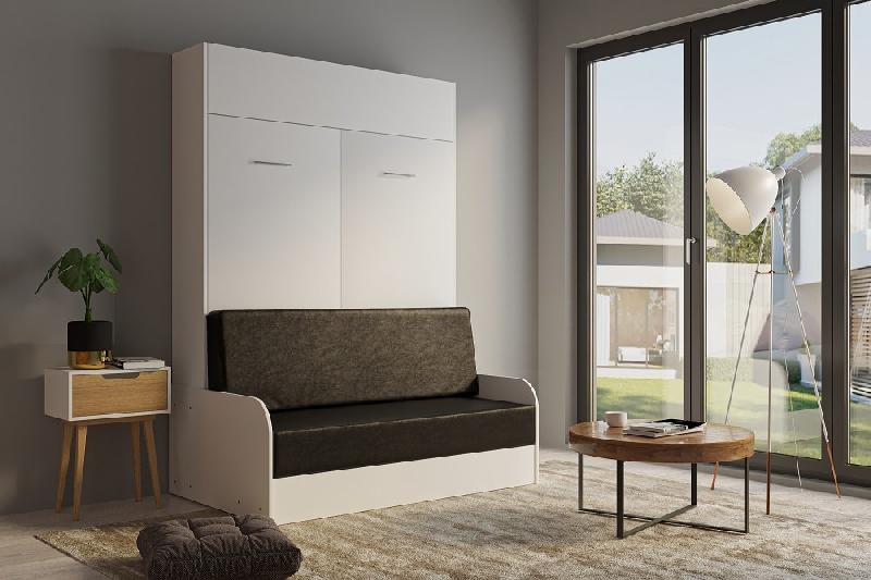 Armoire lit escamotable Dynamo Sofa - Blanc mat avec accoudoirs - Canapé noir - Couchage 140x200 cm_1