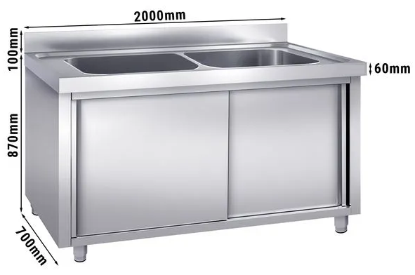 Plonge inox avec 2 grands bacs sur meuble - 2 portes coulissantes - l200 x p70 cm_1