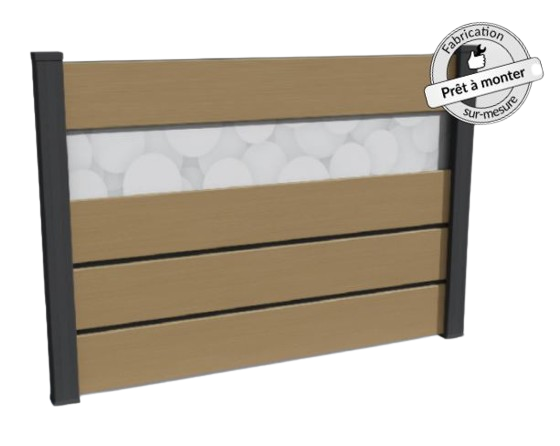 Clôture composite en PVC et cosse de riz - Insert aluminium et bandeau imprimé - Gamme BARCELOS_1