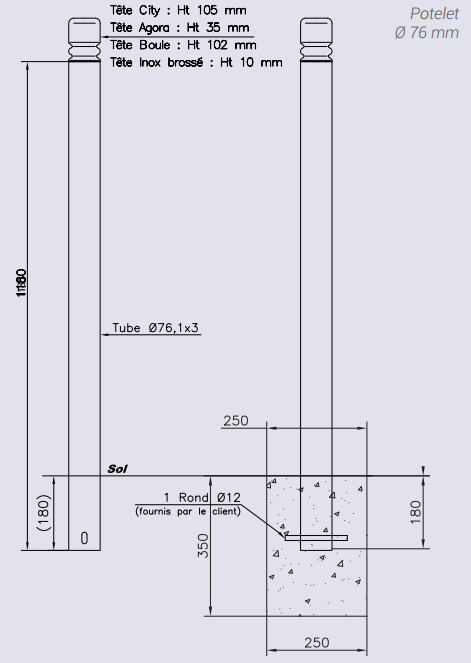 Potelet province peint sur zinc - Hauteur 1180 mm - Tube acier Ø76 ou Ø114 mm - Modèles City, Agora, Boule, Inox brossé_1