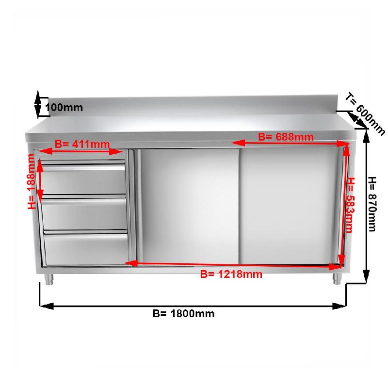 Meuble bas inox adossé P 600 mm avec portes et tiroirs - 1800, A gauche_1