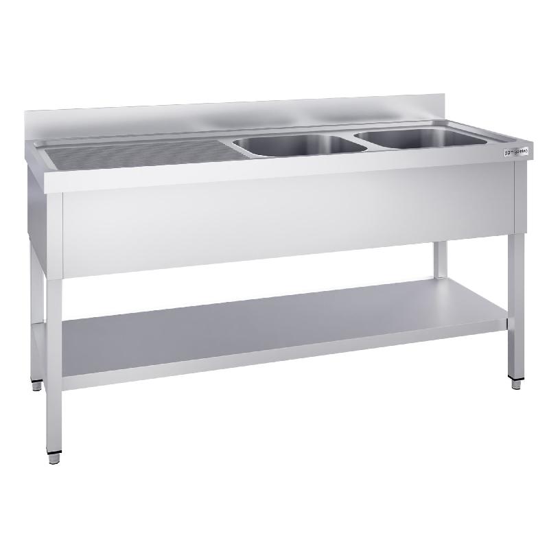 Plonge inox 2 bacs avec égouttoir et étagère - P 700 mm - 1600 mm bac à droite_1