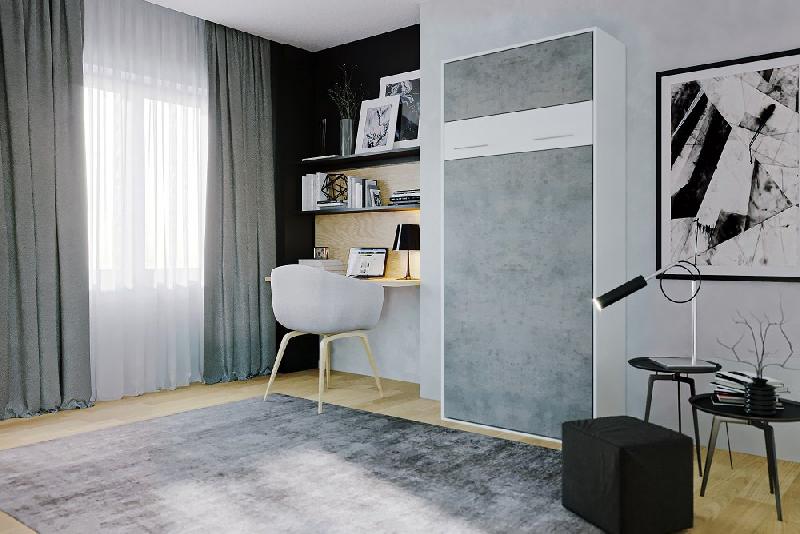 Lit escamotable LOFT blanc - Façade gris béton - Couchage 90 x 200 cm avec système à vérins_1