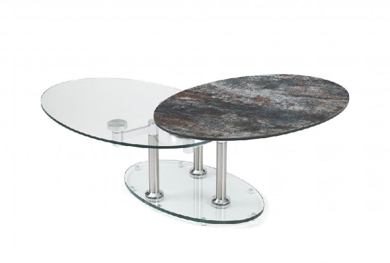 Table basse double en céramique anthracite - plateaux pivotants en verre trempé et piétement en acier brossé_1