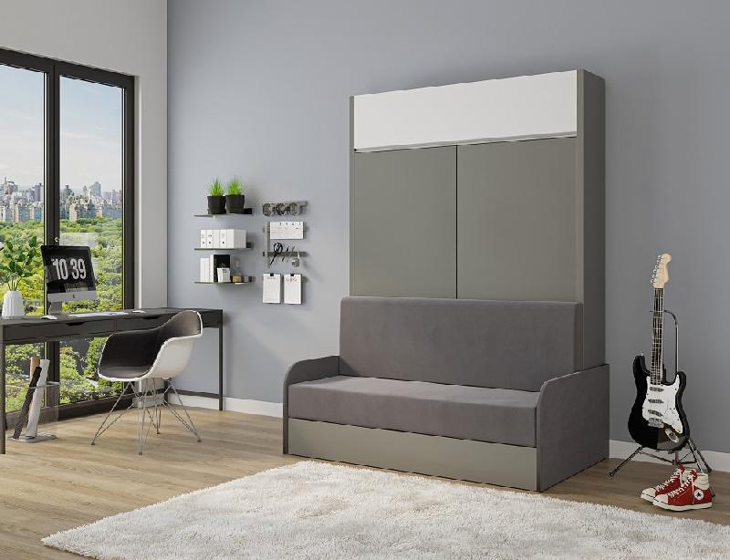 Armoire-lit escamotable ALADYNO SOFA - Canapé gris 160x200 cm - Bandeau blanc, fabrication européenne_1